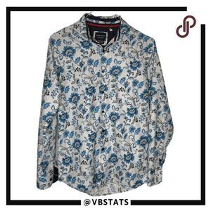 Silver Stone Men's Modern Fit Floral Button Down Shirt White Blue Size Medium‎